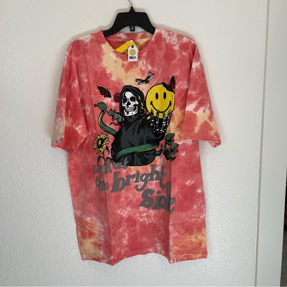NWT MARKET LOOK AT THE BRIGHT SIDE SMILEY PINK TIE DYE TEE SZ S M L XL 2XL - Picture 3 of 6